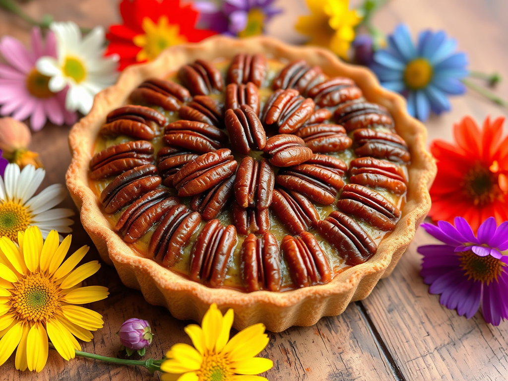 A close-up view of a delicious pecan pie topped with shiny caramelized pecans on a golden brown crust, surrounded by colorful edible flowers and a rustic wooden surface.