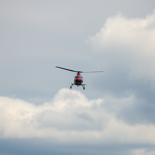 helicopter flying against a cloudy sky, shot with a DSLR camera at 1/500 sec, f/8, ISO 200, 50mm lens, aerial view, high-resolution