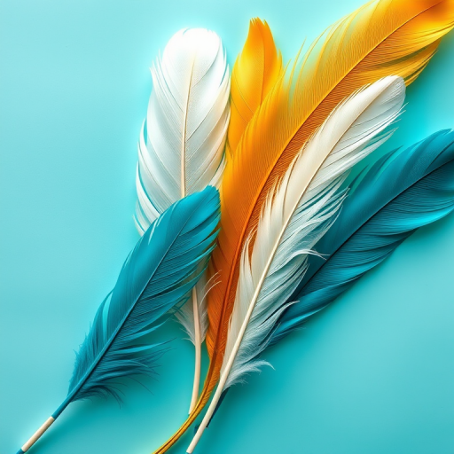 Generate an image of colorful feathers in teal, gold, and white arranged artistically on a soft turquoise background, shot with a 50mm lens at f/1.8, 1/125s shutter speed, ISO 100, using a macro camera style for enhanced detail and depth.