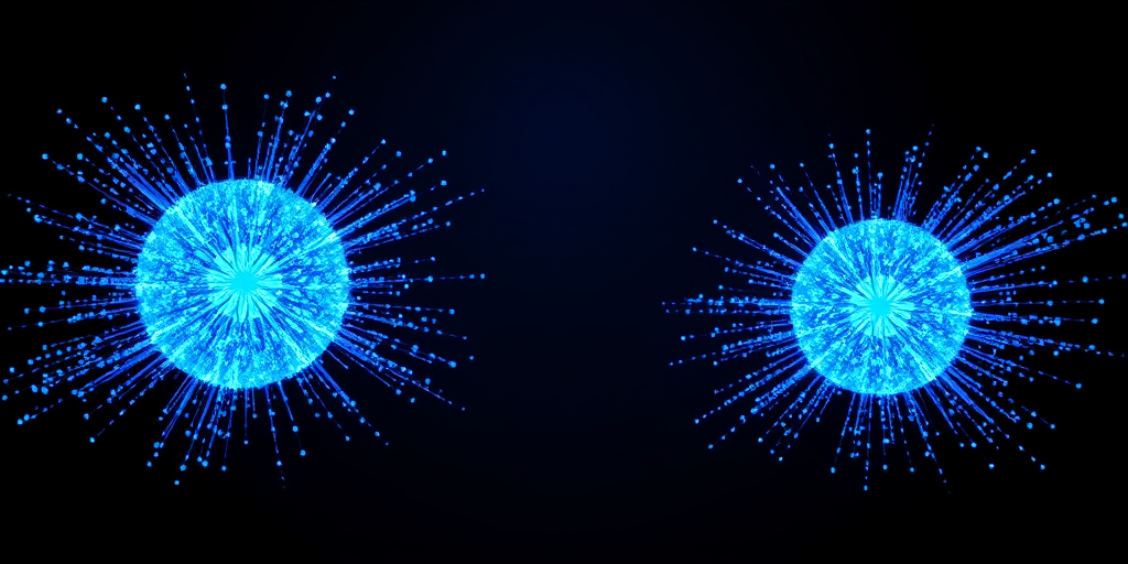 Create an abstract digital art image of two large blue spheres of light with dynamic particles radiating outward, shot with a Canon EOS R5, aperture f/2.8, ISO 100, 1/60 sec exposure, in a dark setting with a focused lens effect for enhanced clarity.