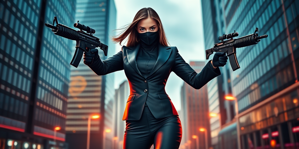 Create an image of a stylish female character in a sleek black suit and a mask, wielding two assault rifles, set in an urban cityscape with tall buildings, using a DSLR camera with a 50mm lens, f/1.8 aperture, ISO 200, and a slight tilt-shift effect for depth, capturing vibrant colors and dramatic lighting.