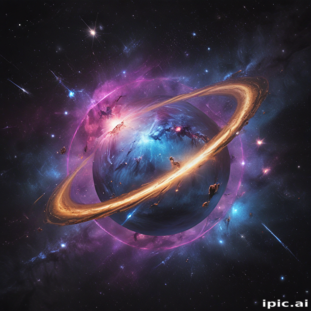 Vibrant Cosmic Landscape Featuring a Dazzling Planet with Stunning Rings