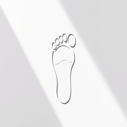 Create a high-resolution image of a stylized footprint with five toes in a minimalist design, using a DSLR camera with a 50mm lens, f/2.8 aperture, ISO 100, soft natural lighting from the left, and a shallow depth of field to enhance the clean lines and contours of the footprint.