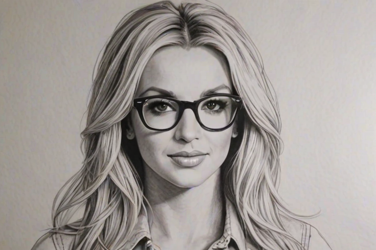 Enticing Britney Spears, pencil sketch, portrait of Enchanting woman 1967s in glasses, hair style beatnik, outline, clear lines, fine lines, 8k
