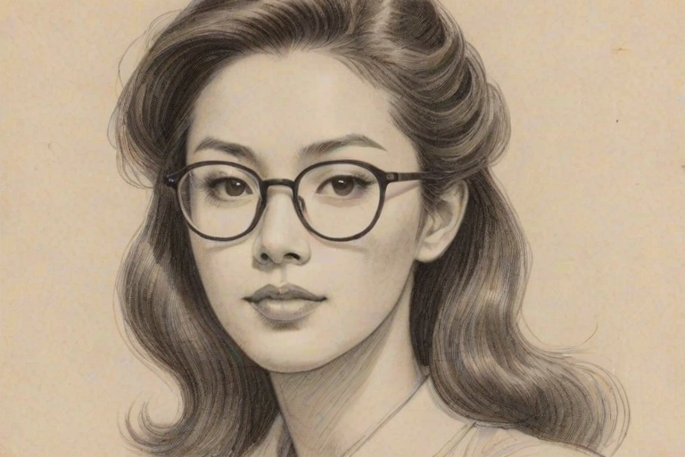 Beauteous Eleanore Matsuura, pencil sketch, portrait of Captivating woman 1944s in glasses, hair style beatnik, outline, clear lines, fine lines, 8k
