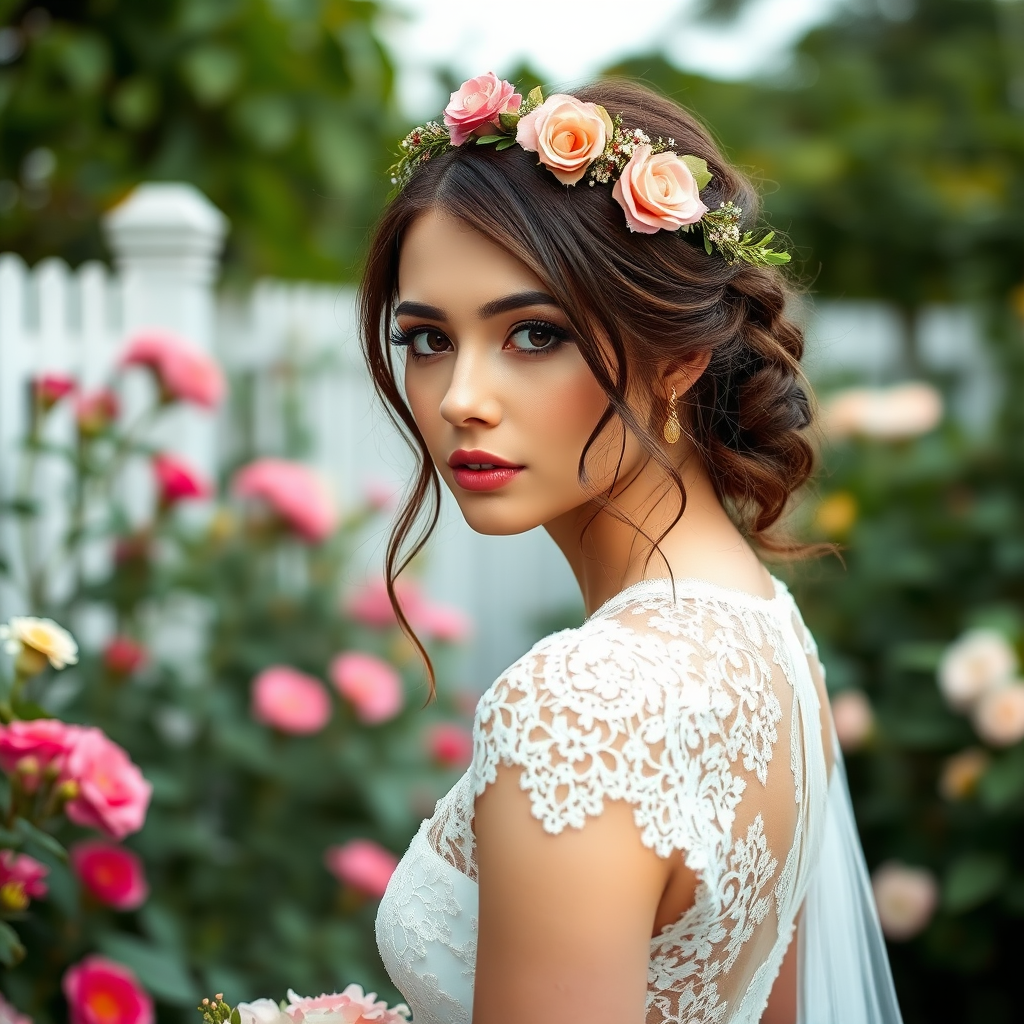 Garden scene, bridal model, delicate lace gown, floral headpiece, soft romantic focus, high-key lighting and an 85mm lens for soft, even tones that highlight the model’s face and bright outfit against a white or light background