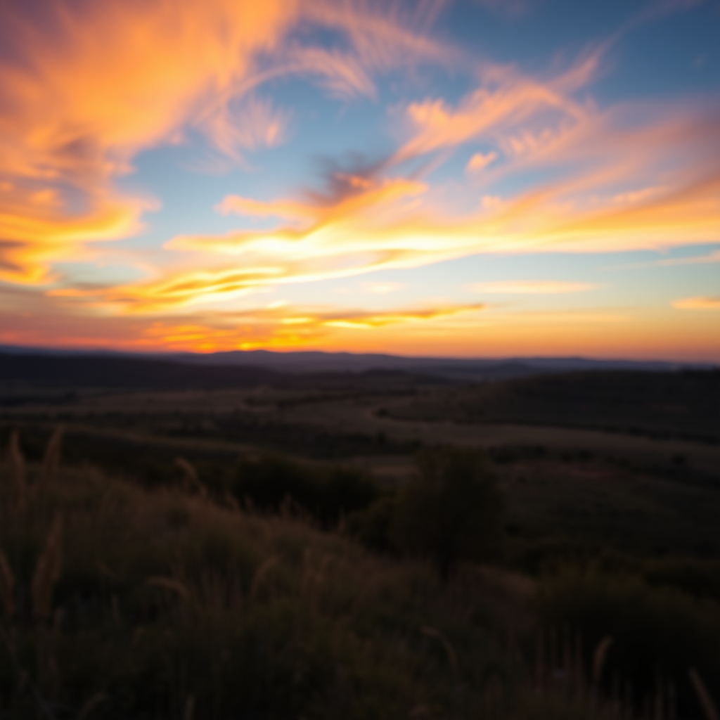 Generate a high-resolution image of a serene landscape during sunset with vibrant colors in the sky, using a DSLR camera with a 24mm lens, aperture f/8, ISO 200, and a focal length of 24mm, capturing a wide-angle view with a soft-focus background effect for depth.