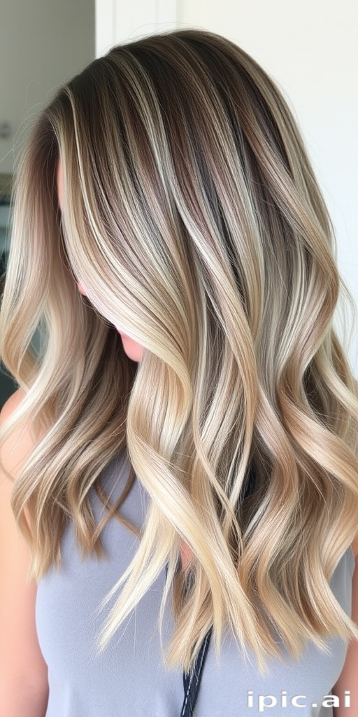 Sophisticated ash blonde lob with subtle balayage highlights and effortless beach waves, exuding casual elegance in the chic "Coastal Chic" look