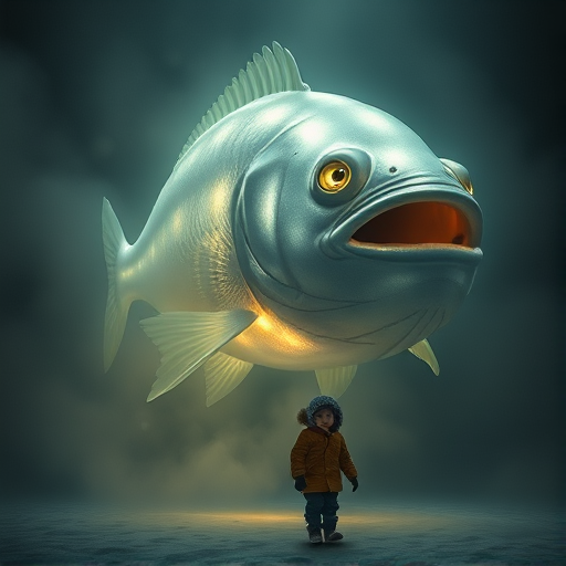 Create a surreal scene of a giant, luminescent fish with an ominous expression floating in a misty, dimly lit environment, featuring a small child in winter clothing, standing in awe before it, captured with a DSLR camera, 35mm lens, f/2.8 aperture, ISO 400, low-angle view, soft focus background for depth, enhancing the mystical atmosphere.