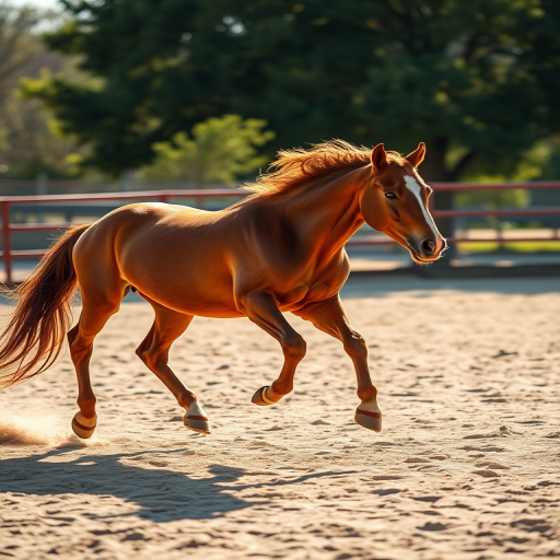 A galloping brown horse in a sandy arena under soft sunlight, with a shallow depth of field, aperture f/2.8, ISO 200, shutter speed 1/1000s, using a DSLR camera with a 50mm lens, capturing motion and vibrant color.
