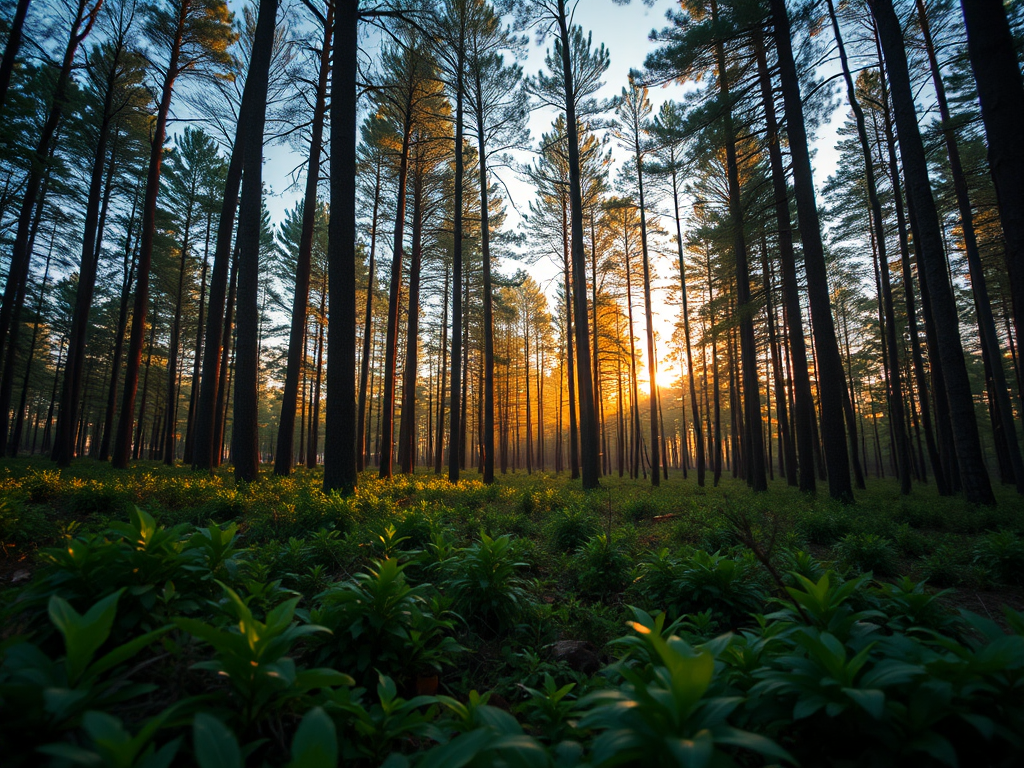 Generate a high-resolution image of a serene forest landscape during golden hour, focus on soft lighting with rich colors, f/2.8 aperture, ISO 100, 24mm lens, shot from a low angle to capture the details of the foliage, using a DSLR camera.