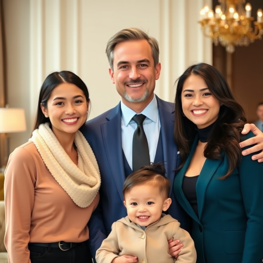 Create a heartwarming family portrait featuring two young women with long dark hair and a middle-aged man in a stylish blue suit all smiling together in an elegant indoor setting.