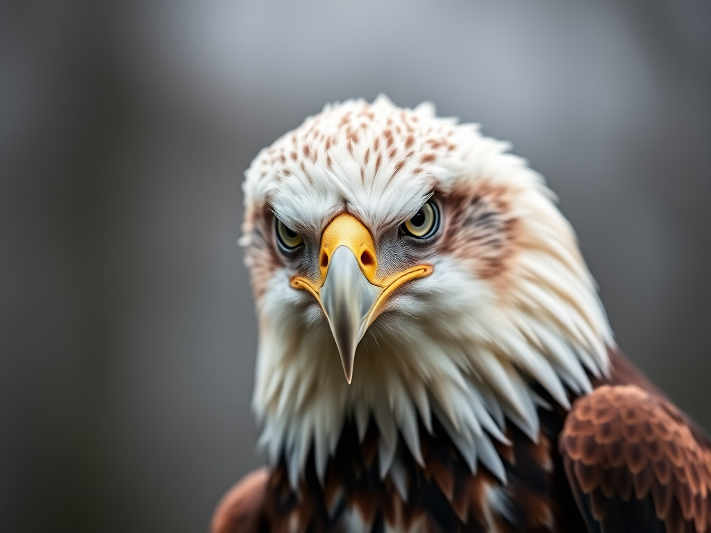 Create a highly detailed portrait of a majestic eagle with sharp focus, using a Canon EOS R5, 85mm f/1.2 lens, ISO 100, aperture f/1.2, shutter speed 1/200s, with a shallow depth of field and soft bokeh background for enhanced image quality.