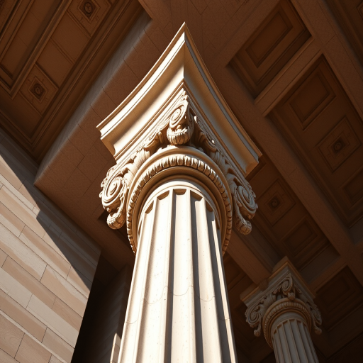 Create a high-resolution photo of a classic Corinthian column featuring intricate scrollwork at the top, captured with a DSLR camera at f/8 aperture, ISO 100, and a focal length of 50mm, using a slight low-angle view to emphasize height and grandeur, with natural soft daylight lighting for enhanced clarity and detail.