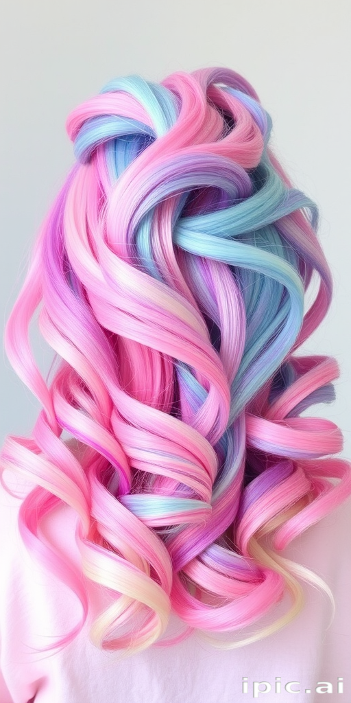 Multi-colored rainbow hair arranged in a whimsical cotton candy-like cloud, featuring pastel hues of pink, blue, purple, and mint green swirled together in a dreamy confection named Sugar Nimbus