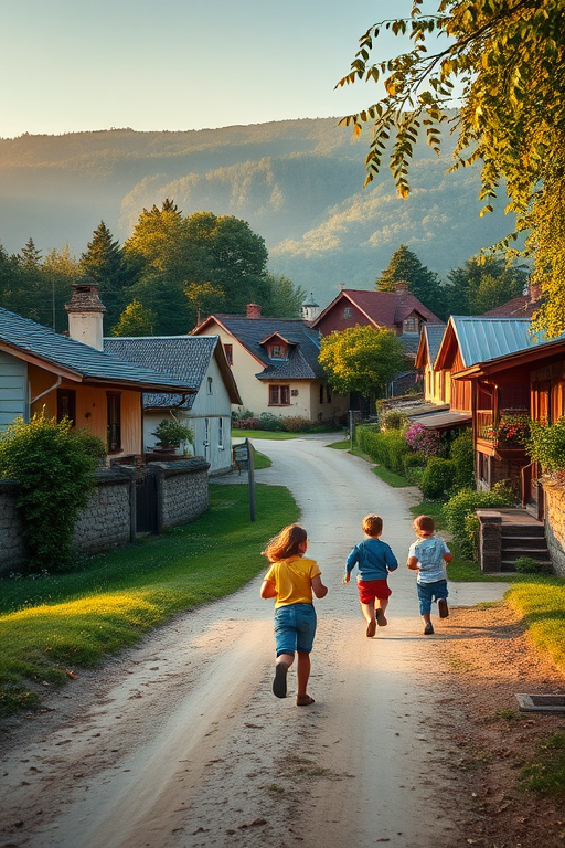 Create a vibrant landscape of a quaint village with children running down a dirt path, surrounded by charming houses and lush greenery, captured with a DSLR camera at f/8, ISO 100, 24mm lens, in natural light during golden hour, emphasizing a warm and inviting atmosphere.
