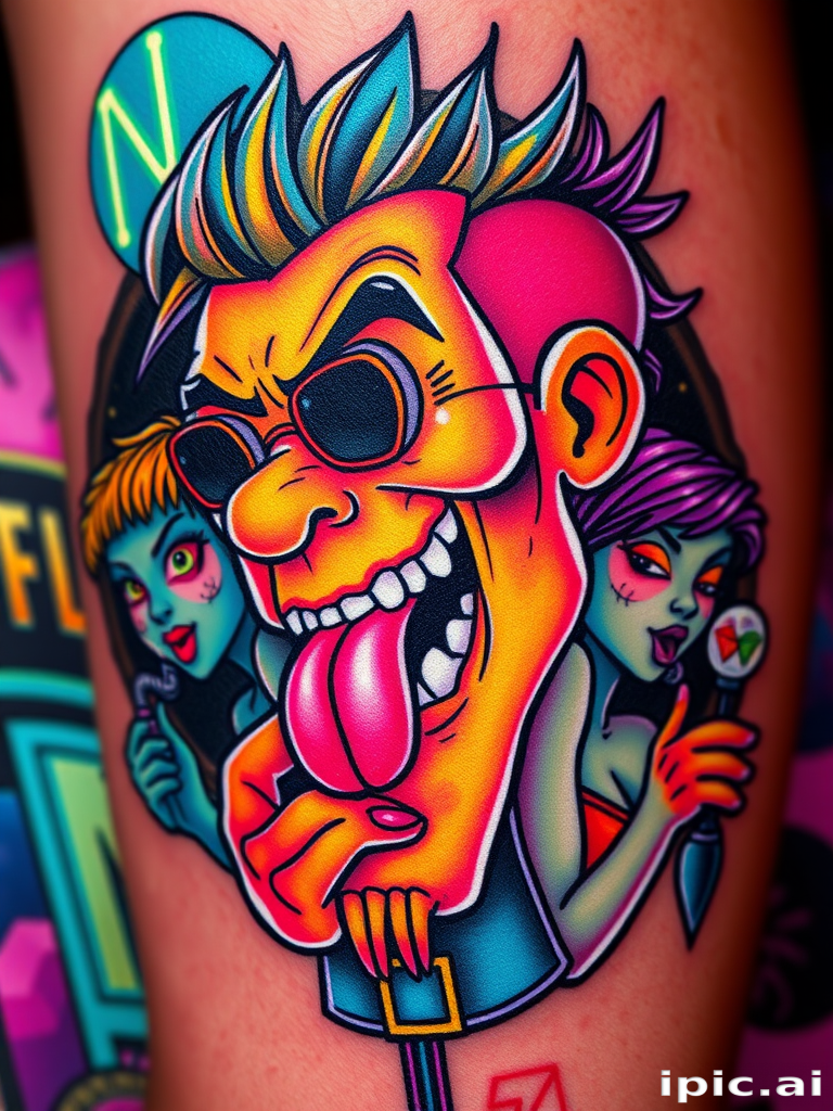 New school tattoo called "Neon Nightlife" depicting exaggerated cartoon-style characters in vibrant, eye-catching colors with bold outlines and playful distortions of reality
