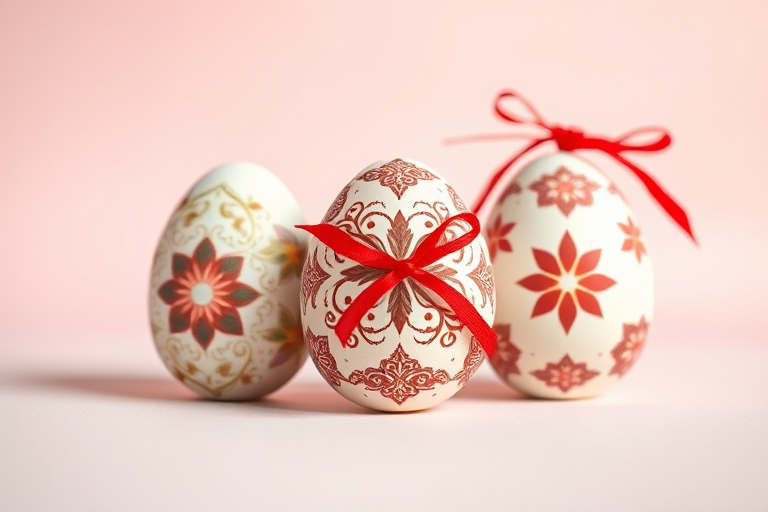 Create an image of three decorated Easter eggs with intricate designs and red ribbons against a soft pastel-colored background, using a DSLR camera with a 50mm lens, aperture set at f/2.8 for shallow depth of field, ISO 100 for excellent clarity, and a slight vignette effect to enhance focus on the eggs.