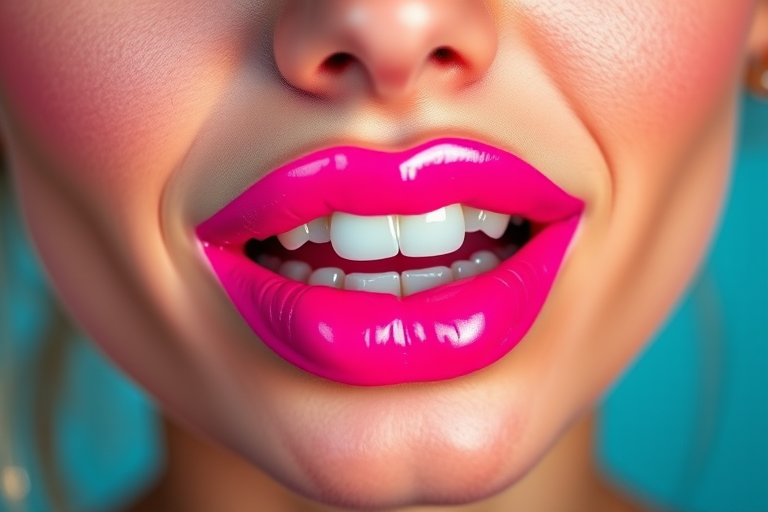 Playful neon pink lips with a high-shine finish, embodying youthful energy and exuberance, perfect for fun and vibrant makeup looks