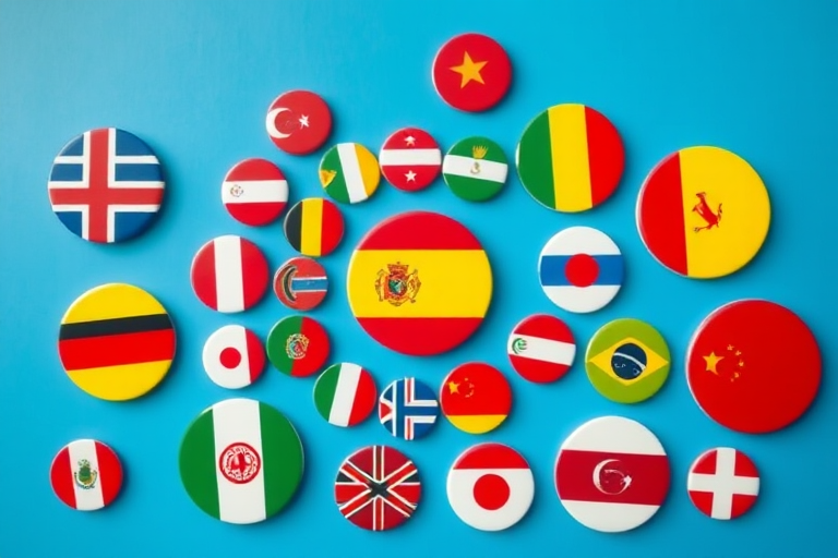 Create a vibrant flat lay composition of circular flags from various countries, using a DSLR camera with a 50mm lens at f/1.8, ISO 100, and a shallow depth of field to enhance colors and details, shot from a top-down perspective with natural lighting.