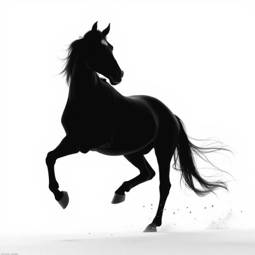 Create a high-resolution image of a black silhouette of a horse running against a bright white background, shot with a DSLR camera at f/2.8 aperture, ISO 100, and a shutter speed of 1/1000s, using a side view perspective for dynamic effect.