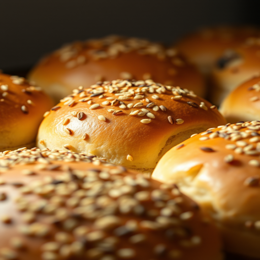freshly baked bread rolls topped with seeds, soft texture, warm lighting, close-up view, Canon EOS R5, 50mm f/1.8, ISO 200, f/4, 1/100s, natural light, shallow depth of field