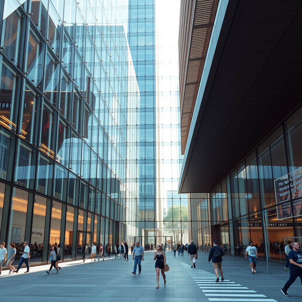 Create an architectural rendering of a modern glass building with a busy urban environment, focusing on the interplay of light and shadow, using a wide-angle lens, aperture f/8, ISO 100, 24mm focal length, and a high dynamic range to emphasize clarity and depth.