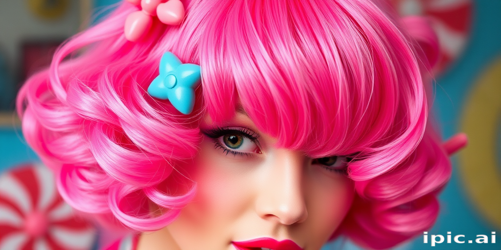 Whimsical close-up reveals Bubblegum Pop bob, vibrant hot pink hair with lighter pastel pink highlights, styled in voluminous retro-inspired curls with candy-shaped accessories