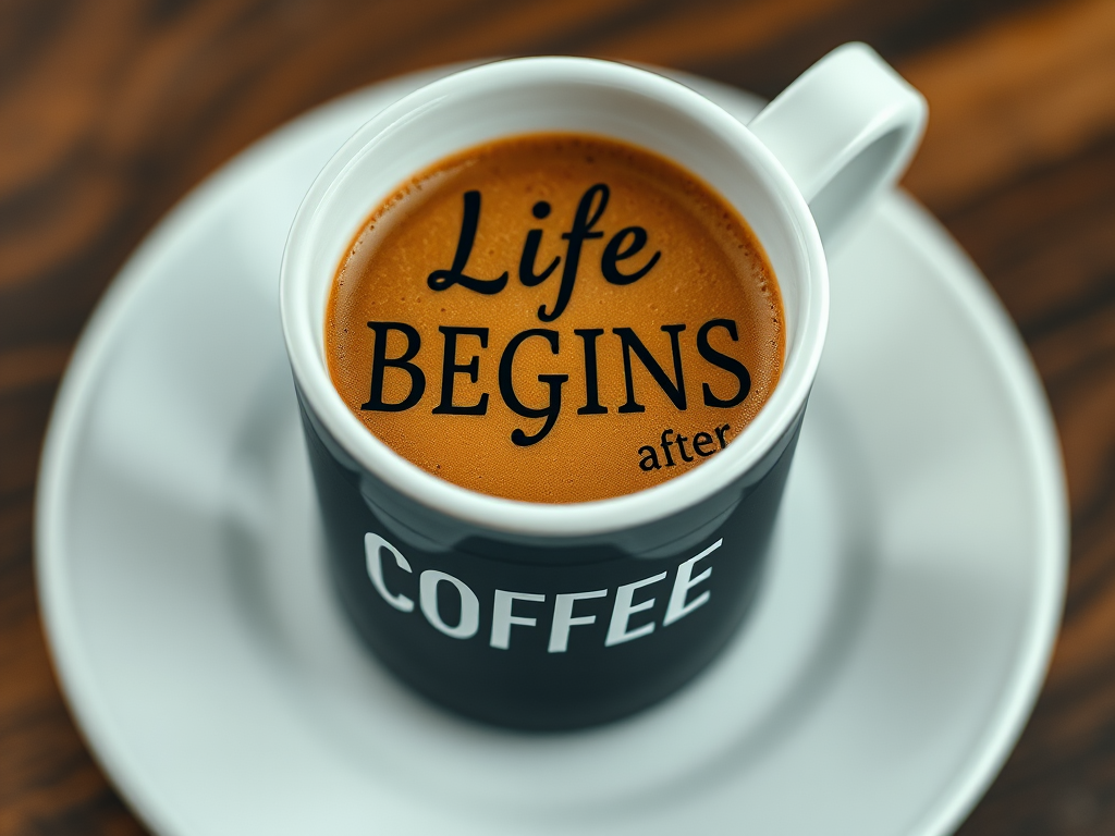 Create a high-quality image of a coffee cup with the text "Life BEGINS after COFFEE" in an artistic font, using a vintage style, shot from a top-down view with a shallow depth of field, aperture set at f/2.8, ISO 100, and a DSLR camera.