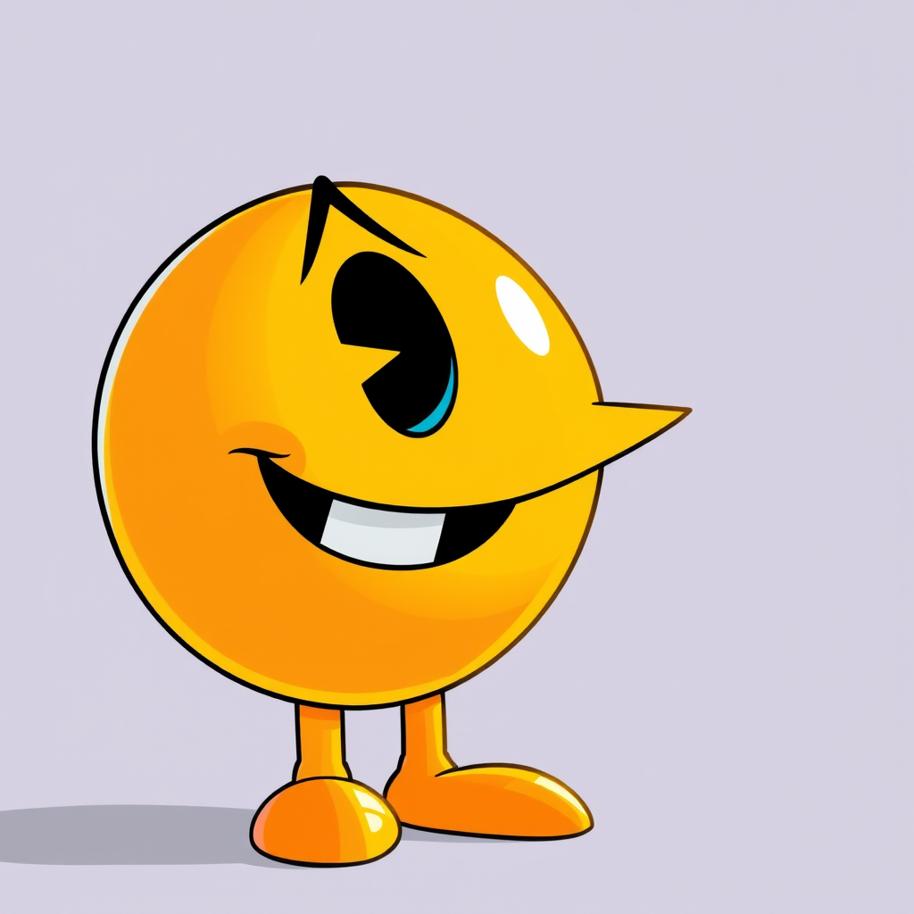 Create a vibrant illustration of a classic Pac-Man character in bright yellow, featuring a glossy eye and a playful expression, captured with a DSLR camera at f/2.8 for shallow depth of field, ISO 100 for crisp clarity, with a wide-angle lens to emphasize its iconic shape, using soft natural lighting to enhance the colors and reduce harsh shadows.