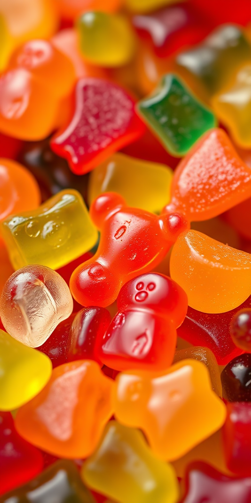 a vibrant close-up shot of assorted gummy candies including gummy bears and fruit shapes, shot with a Canon EOS R5 at f/1.8, ISO 100, shutter speed 1/200s, using a macro lens to capture intricate details and vivid colors, with a shallow depth of field to blur the background slightly for emphasis on the candies