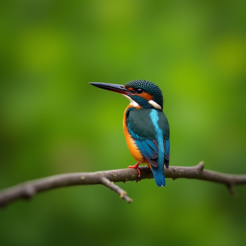 A vibrant kingfisher perched on a branch with a blurred green background, captured with a Canon EOS R5, 85mm lens, aperture f/2.8, ISO 200, shutter speed 1/250s, in soft focus style for enhanced detail and clarity.