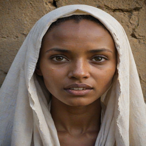 Create a close-up photographic image of a Oromo woman with light skin tones shown against an old, worn wall. Their head is wrapped in a white cloth covering (i.e.... parts of the head except the nose and mouth, which are open as if they are screaming...), with a slight texture and visible folds in the fabric. Thin strands of blonde hair escape from the wrapping above, falling lightly at the top and sides. Their hands hold the fabric as if they are tugging nervously. The lighting is dramatic and even, casting strong shadows. The image has a minimalist and surreal style with an emphasis on simplicity with soft color tones. The composition is centered.