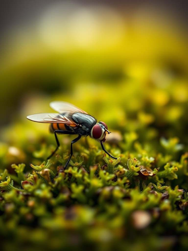 macro shot of a fly perched on green moss with shallow depth of field, f/2.8, 1/250s, ISO 100, 100mm lens, natural light, DSLR camera, focused background with bokeh effect