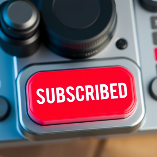 Create a vibrant and eye-catching image of a red "SUBSCRIBED" button with a bell icon, using a high-resolution DSLR camera with a 50mm lens, aperture set to f/1.8 for a blurred background, shot from a slightly angled top-down view to emphasize the button's texture and depth.