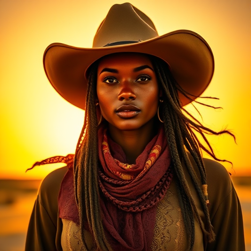 Dramatic photo of a beautiful Nubian woman, classic cowboy attire, confident and free spirit expression, half-length portrait, centered, golden hour desert landscape, warm, diffused light, low angle, medium format film camera, in style of Annie Leibovitz.