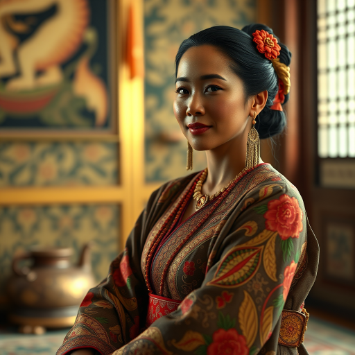 A beautiful Aboriginal Australian woman in traditional East Asian attire, intricately detailed with embroidered patterns, sitting gracefully in a richly decorated room, soft ambient lighting, serene and elegant, ultra-realistic, 8K resolution