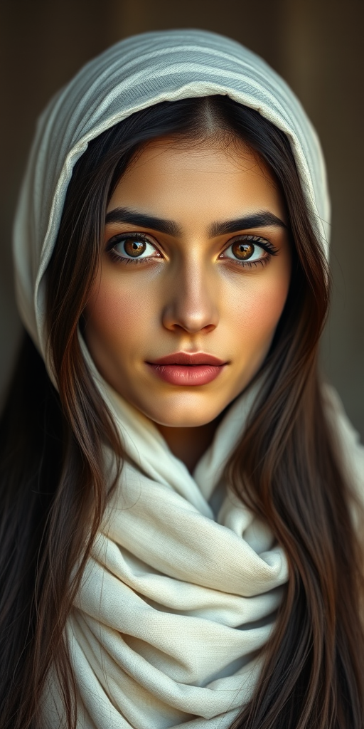 Create a portrait of a young Kurdish woman with long, dark hair and captivating hazel eyes. She is wearing a white headscarf and a matching scarf draped gracefully around her neck. The background is softly blurred, focusing attention on her serene and natural expression. The overall color palette is muted and warm, enhancing the intimate and authentic feel of the portrait.