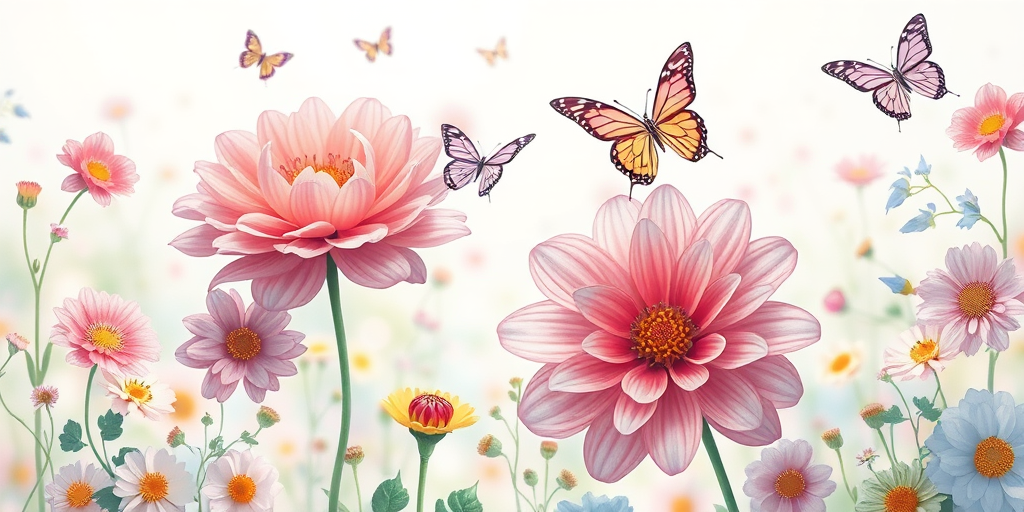 generate a whimsical floral illustration with colorful flowers in shades of pink, green, and blue, surrounded by butterflies, capturing a soft pastel aesthetic, shot with a Canon EOS R5 at f/2.8, 1/200s, ISO 100, in a bright and airy view with a slight overexposure effect for a dreamy look.
