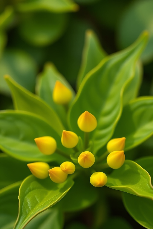 Create a high-resolution image of lush green leaves with yellow flower buds in a soft-focus pattern, captured with a Canon EOS R5 at f/2.8, 1/100 sec, ISO 200, with a macro lens in natural light for vibrant color and detail enhancement.