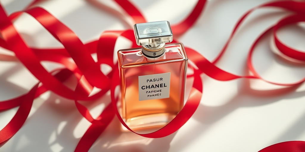 high-angle shot of a Chanel perfume bottle surrounded by flowing red ribbons, soft natural light, f/2.8 aperture, ISO 100, 50mm lens, DSLR camera