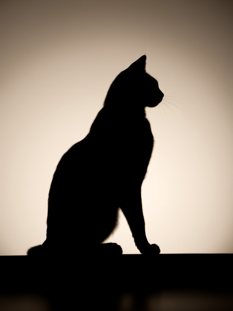 Create an image of a minimalistic black silhouette of a cat sitting gracefully with its tail curled, captured from a low angle using a DSLR camera at f/2.8 aperture, ISO 100, and a 50mm lens for a shallow depth of field and a well-lit background.