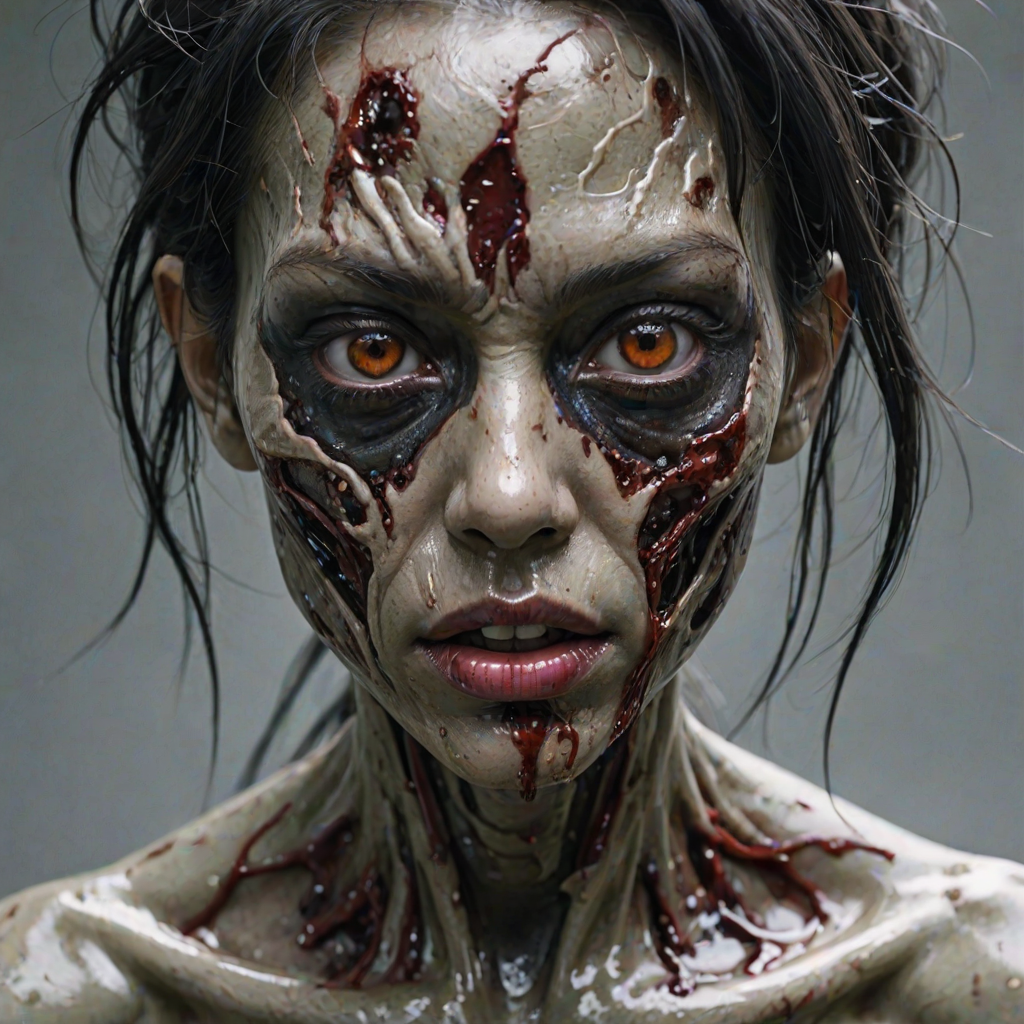 (perspective) of A creepy (ethnicity) zombie cyborg with (descriptive color) skin, (color) lipstick (color) liquid flowing from her eyes and mouth, (perspective two) portrait, (camera angle), extremely detailed, (art style) in the style of Yoshitaka Amano and Tetsuo Hara. --ar 85:128 --style raw --niji 6