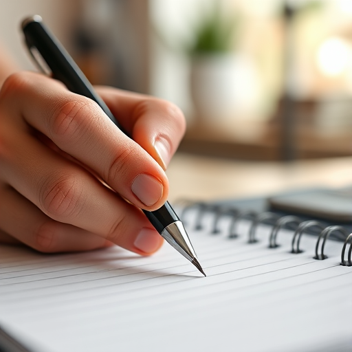 a close-up shot of a hand holding a pen over a blank lined notebook with a spiral binding, high dynamic range, f/2.8 aperture, 1/200 sec shutter speed, ISO 100, taken with a DSLR camera in a well-lit indoor environment, shallow depth of field to emphasize the writing hand