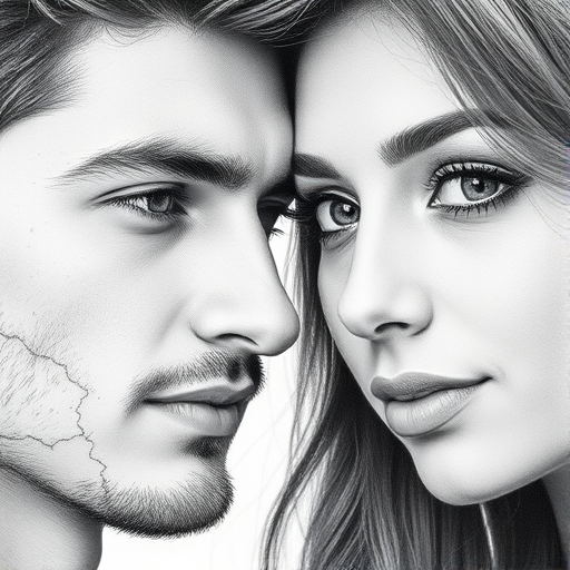 Create a high-resolution black and white pencil drawing of a couple side by side with artistic elements blending their faces, using a Canon EOS 5D Mark IV with a 50mm f/1.8 lens, aperture set to f/2.8, shutter speed 1/125s, ISO 100, soft natural light, and a focus on smooth gradients and intricate details.