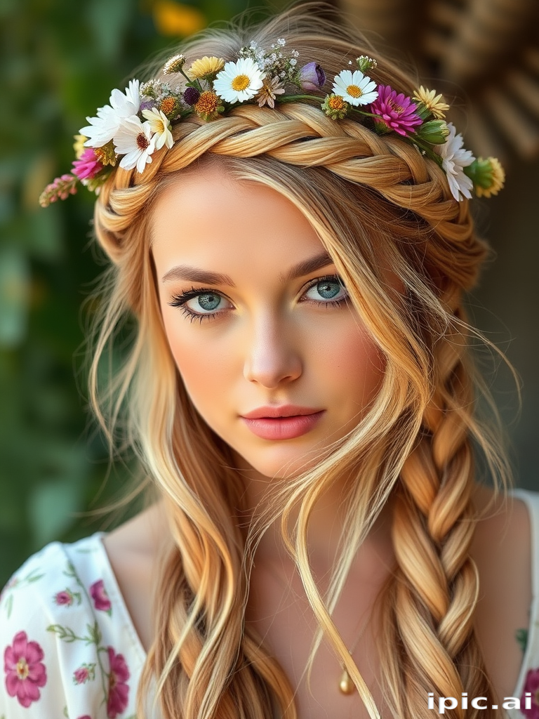 Romantic braided crown in honey blonde, adorned with fresh wildflowers and loose tendrils framing the face, creating a dreamy bohemian-inspired look