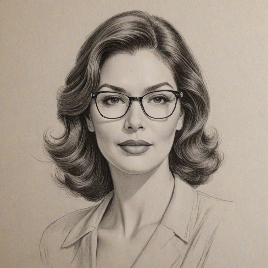 Wonderful Laura Harring, pencil sketch, portrait of Ravishing woman 1949s in glasses, hair style beatnik, outline, clear lines, fine lines, 8k