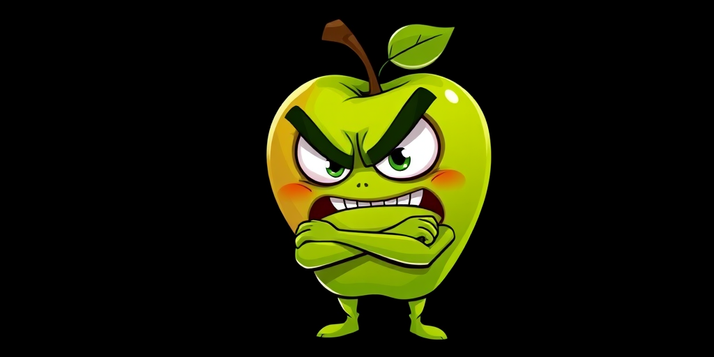 Create a cartoon-style illustration of an angry green apple with bulging eyes and a furrowed brow, standing with arms crossed, shot with a Canon EOS R5 at f/2.8, 1/60s, ISO 100, using a 50mm lens, with a focus on vibrant colors and high contrast against a black background.