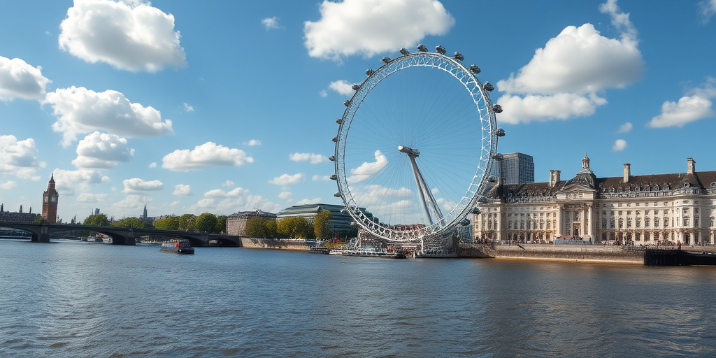 capture a high-resolution image of the London Eye alongside the River Thames on a clear day with blue skies and fluffy clouds using a DSLR camera set to ISO 100, aperture f/8, shutter speed 1/200s, shot from a slightly elevated angle to capture the surrounding architecture and water reflections