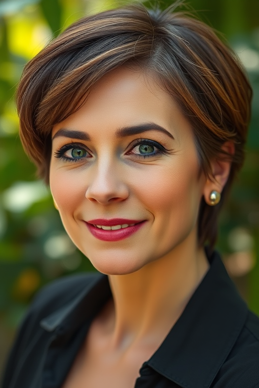 Regenerate a stylized portrait of a woman with short brown hair, using a DSLR camera with a 50mm lens, aperture set to f/1.8 for shallow depth of field, ISO 100, natural lighting, and a soft focus background for enhanced image quality.